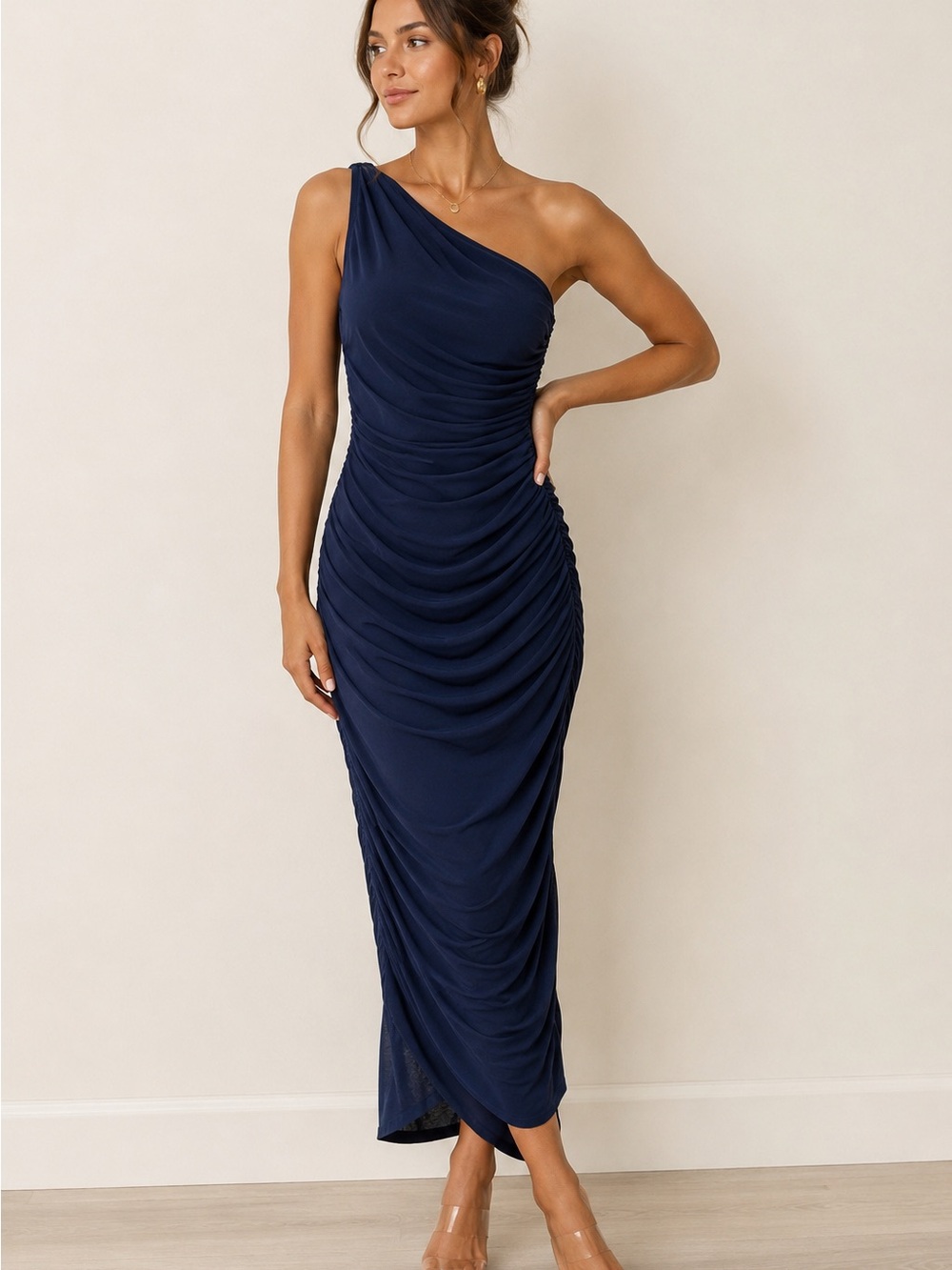 PRETTYGARDEN Women’s Navy Blue One Shoulder Ruched Maxi Dress Size Medium